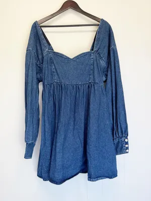 ASOS Luxe Curve Denim Baby Doll Long Sleeve Mini Dress with Bow Back Blue 16 thumbnail 4