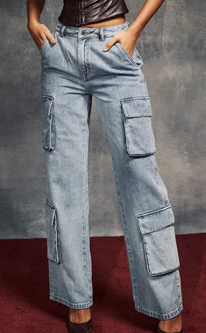 House of CB Light Wash Wide Leg Utility Cargo Denim Blue Jeans XS thumbnail 1