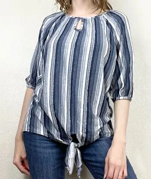 Rain Chambray Blue Striped Knot Hem Half Sleeve Blouse Blue Size M thumbnail 1