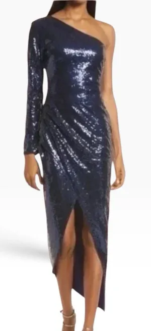 NWT Lulus Deja Vu One Shoulder Sequin Dress Navy Blue Size Small thumbnail 1