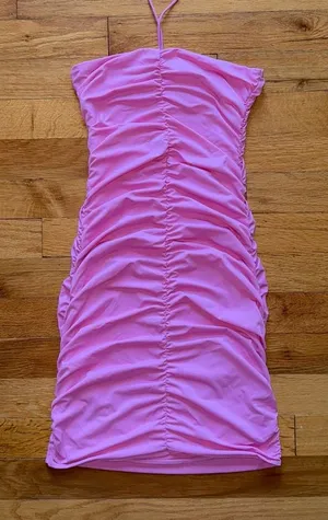 ZARA Y2K Style Mini Dress Pink Halter Scrunched‎ Ruched Bodycon size XS thumbnail 1