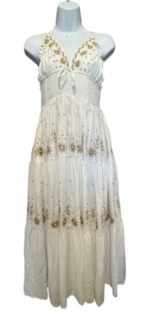NWT Embroidered Smocked Tiered Boho Halter Maxi Dress L Real Love Fairycore Gold thumbnail 1