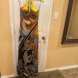 MARY L COUTURE Beads Halter print Dress Sz 10 Yellow Multi 100% SILK thumbnail 7