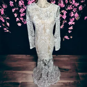 Elegant Ivory White & Nude Embroidered Lace Bohemian Dress With Rhinestone Belt thumbnail 3