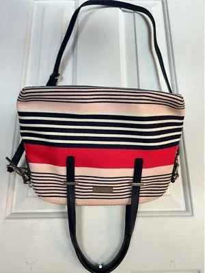 Kate Spade Satchel- in canvas and leather striped classy stylish going out purse thumbnail 1