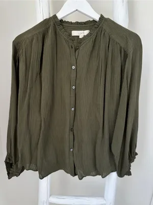 LOFT Olive Green Ruffled Collar Button-Front Blouse thumbnail 1