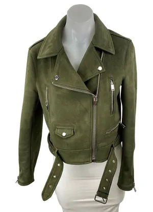 Zara Women's Green Faux Suede Belted Full Zip Crop Moto Biker Coat Jacket Size M thumbnail 1