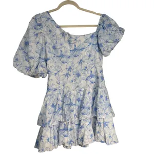 Hello Molly Blue Floral Tiered Ruffle Mini Dress Puff Sleeve Cotton Womens 6 M thumbnail 11