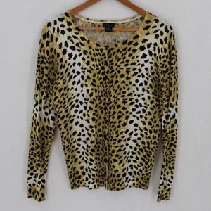 Leopard Animal Print Cardigan Sweater Womens Size M Yellow Black Cheetah thumbnail 2