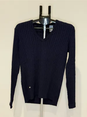 Daily Sports Navy Cable Knit Cotton Cashmere V-Neck Sweater L thumbnail 2