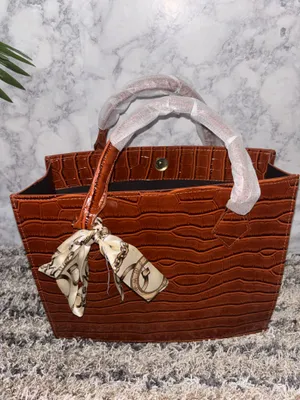 Brown Croc Embossed Top Handle Handbag with Scarf thumbnail 3
