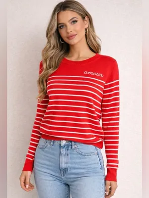 Red Striped Sweater with 'Amour' Embroidery Long Sleeve thumbnail 7