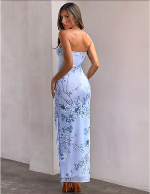 Blue Floral Maxi Dress With Slit thumbnail 2