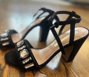 Black suede sandals by Audrey Brooke with gemstones thumbnail 1
