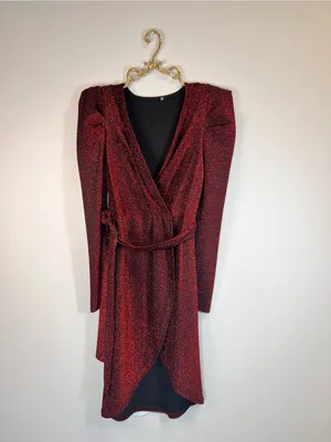 Elegant Burgundy Shimmer Faux Wrap Dress - Puff Sleeves Tulip Hem thumbnail 4