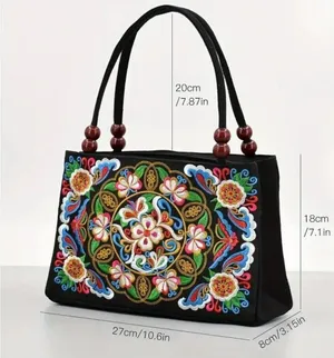Women's Stylish Floral Embroidered Tote Handbag, Trendy Zipper Canvas Bag thumbnail 3