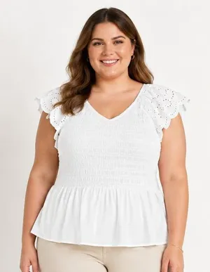 Time and Tru Womens Top Size XXL Vivid White Smocked Bodice V Neck Eyelet Stretc thumbnail 1
