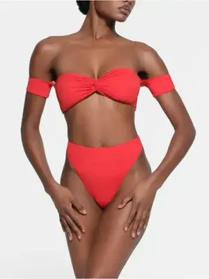 Skims 2Pc SET Twisted Off-Shoulder Bikini Top & Mid Waist Bottoms Ruby Red M thumbnail 1