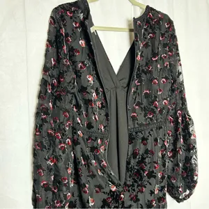 Wayf Black Crushed Velvet Floral Print V Neck‎ Long Sleeve Mini Dress Small thumbnail 4