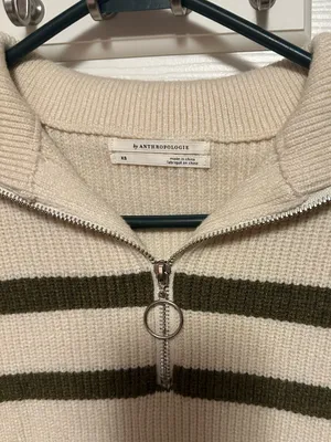 Anthropologie Cream and Olive Striped Half-Zip V-Neck Sweater Vest thumbnail 3
