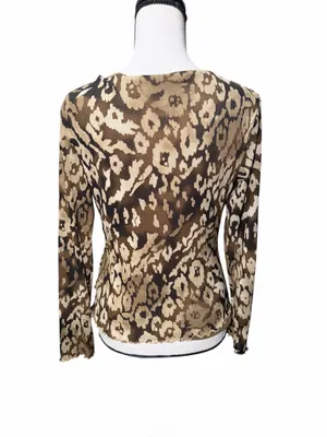 W by Worth Brown & Beige Animal Print V-Neck Mesh Long Sleeve Wrap Blouse Size thumbnail 3