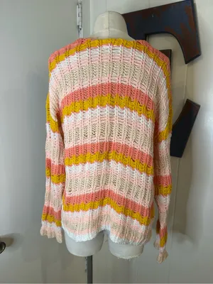 Hem & Thread Open-Knit V-Neck Stripe Sweater in Pink, Yellow, Cream SZ S thumbnail 2