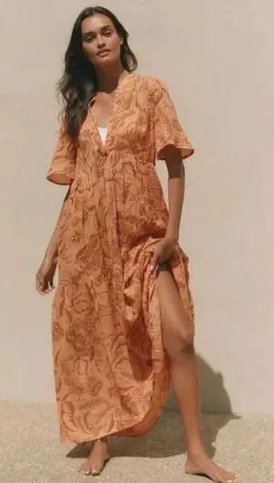 Anthropologie Somerset Maxi Dress Orange Woodblock Floral Tiered Size M thumbnail 1