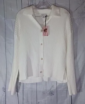 Sincerely Jules Off White Ribbed Knit Boho Cozy Chic Button Front Cardigan NWT thumbnail 1