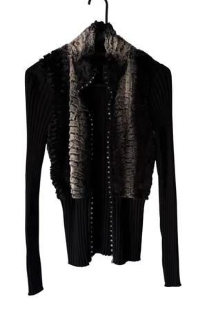 Baldin Cardigan Y2k Sm Black Faux‎ Fur Collar Ribbed Knit Sweater Jacket Grunge thumbnail 1