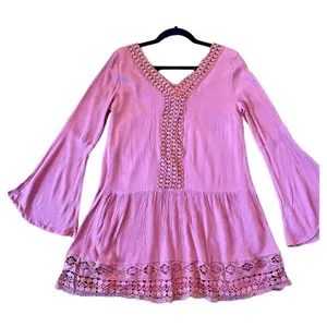Altar’d state orange coral crochet trim bell sleeve dress m thumbnail 2