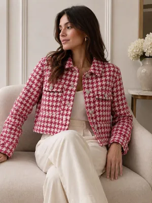 Zara XS Pink White Houndstooth Cropped Tweed Jacket Rhinestone Buttons Preppy Chic thumbnail 1