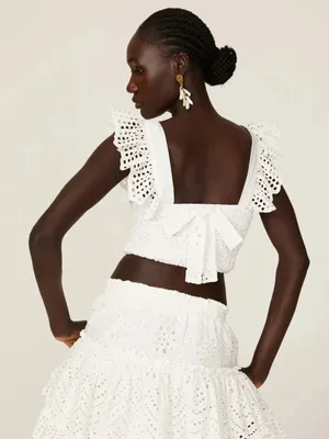 Misa Los Angeles Abelia Top White Smocked Eyelet Flutter Sleeve Crop Top Size S thumbnail 2