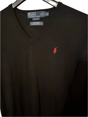 Polo by Ralph Lauren Vintage Black & Red Custom Fit Merino Wool V-Neck Sweater Sz L thumbnail 2