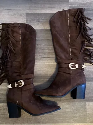 Cato Brown Suede Fringe Mid-Calf Heeled Boots thumbnail 1