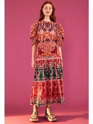 Farm Rio Ainika Print Macaws Maxi Skirt Size Medium Red Pink Green $260 thumbnail 2