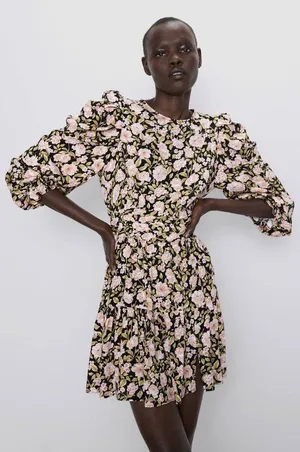Zara Floral Puff Sleeve Mini Dress Size‎ Medium Retro Holiday Party Black Pink thumbnail 1