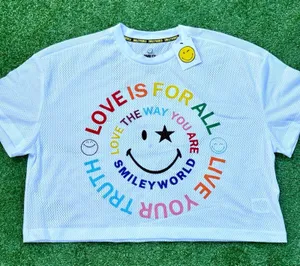 SMILEY WORLD Crop Top T Shirt White Graphic Tee thumbnail 1