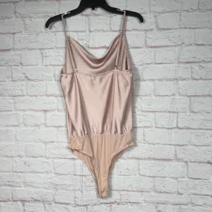 Light Pink Satin and Jersey Bodysuit with Cowl Neck and Adjustable Straps Med thumbnail 4