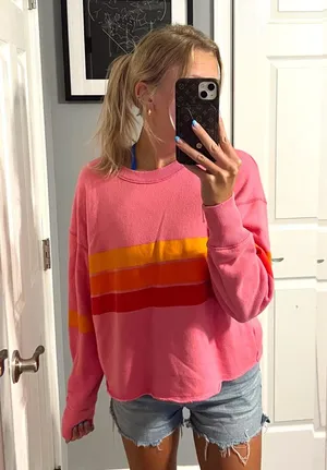 Aerie Pink Yellow Orange Stripe Crewneck thumbnail 1