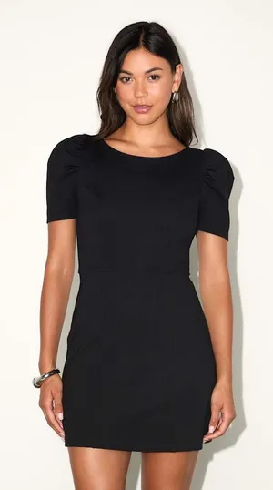 NWT Lulus Kasai Black Short Sleeve Mini Dress LBD Party Night Out Puff Sleeve M thumbnail 1
