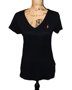 Women's Polo Ralph Lauren V-Neck Tee - Black & Red - Size L thumbnail 1
