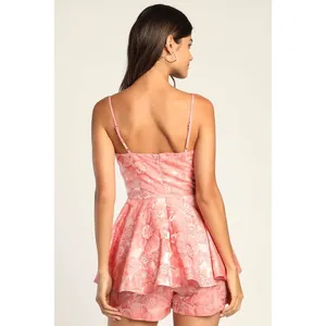 Lulus Romper Womens Pink Floral Fashionable Fit Jacquard Peplum Shorts Jumpsuit thumbnail 2