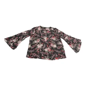 LOFT Black Floral Bell Sleeve Blouse Size M thumbnail 7