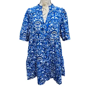 Sugarlips Lulu Floral Dixie‎ Split Neck Shift Dress Blue Floral Paisley Tiered M thumbnail 3