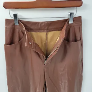 Faux Leather Pants Medium Brown High Waist Straight Leg Zip Casual Chic Club thumbnail 3