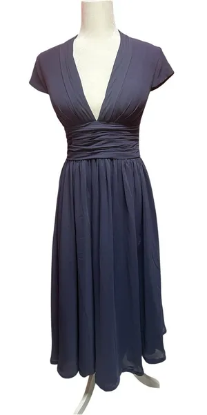 JJ’s House Elegant Deep Navy V-Neck Cap-Sleeves Midi Dress with Ruched Waist thumbnail 1