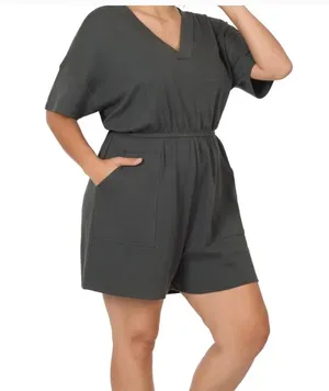Zenana Gray Cotton V Neck Romper Size Small Short Sleeve Utility Pocket thumbnail 1