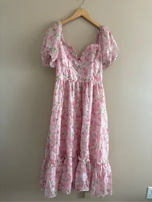 Lulus Sincerely Wondrous Pink Floral Puff Sleeve Tiered Midi Dress Size XL NWT thumbnail 5