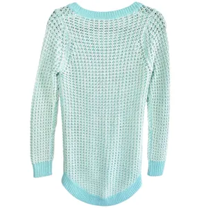 POOF! Womens Size S Open Knit V-Neck Sweater Aqua Blue White Hi-Low Boho Coastal thumbnail 2