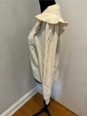 Madewell Hollydene Sz:M Merino Wool ruffle shoulders cream cable-knit sweater. thumbnail 4